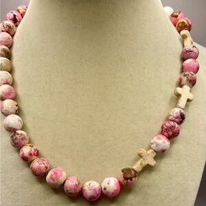 Charming Pink and Cream Magnesite natural Stone Round beads and Crosses Necklace
